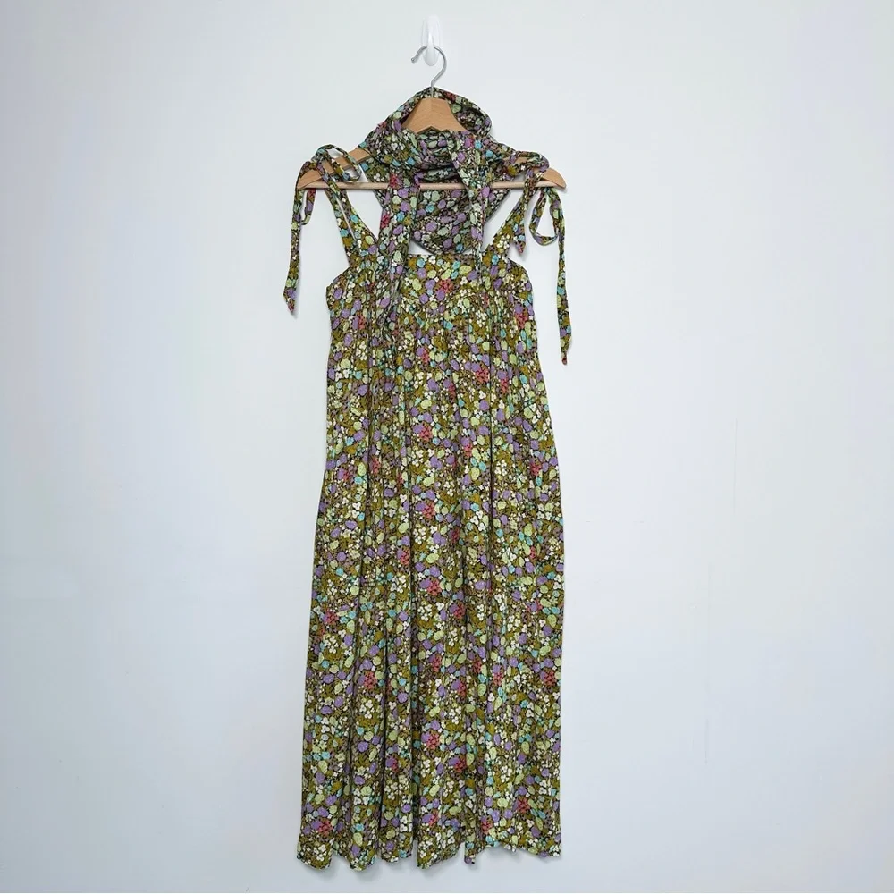 Vintage Handmade Midi Dress Size UK 6 XS Green Floral Trapeze Sleeveless - Picture 1 of 13